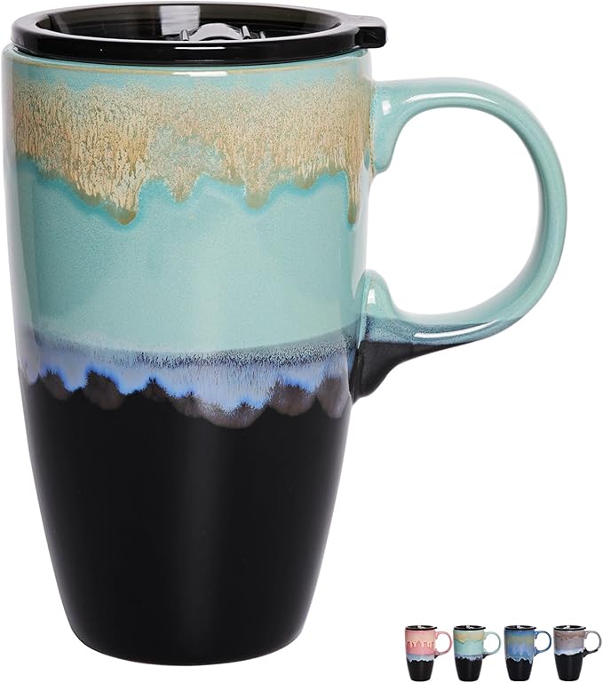 Bosmarlin Ceramic Travel Coffeel Mug with Handle and Lid, 18 oz, Portable Coffee Cup for Car Cup Holder, Microwave and Dishwasher Safe, Reactive Glaze (Pastel Blue)