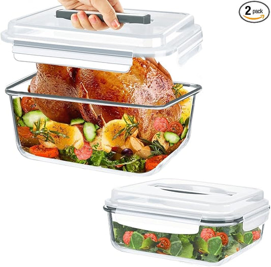 KOMUEE 203oz & 74oz Extra Large Glass Food Storage Containers with Airtight Lids, 2 Piece Big Glass Containers Set, Ideal for Storing Rotisserie Chicken, Lasagna, Salads, Fruits, Leak-proof & BPA-Free