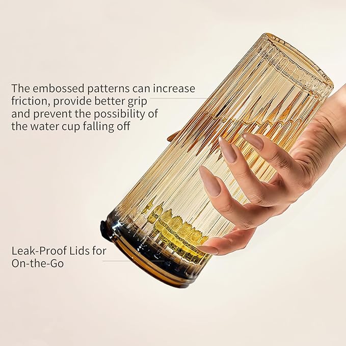 Puraville 2 Pack 18oz Glass Cups with Lids and Straws, Vintage Ribbed Striped Thickened Glassware for Whiskey Cocktail Beer, Mason Jar Drinking Glasses Tumbler Iced Coffee Cup, Amber