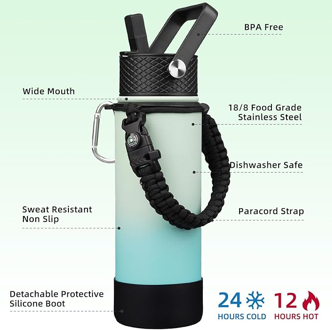 BJPKPK Insulated Water Bottle with Straw Lid, 22oz Thermal Flasks Water Bottles with 3 Lids, Paracord Handle & Non-slip Boot, BPA Free Leak Proof Stainless Steel Tumblers, Cups,Mint
