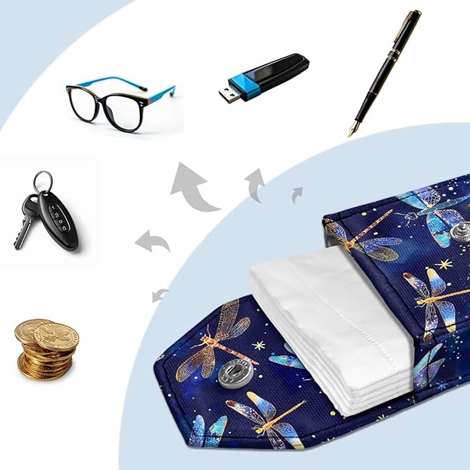 Dragonfly Tissues Purse Pocket with Hanging Rope Portable Tissue Holder for Women Travel Tissues Holder Snap Button Enclosed