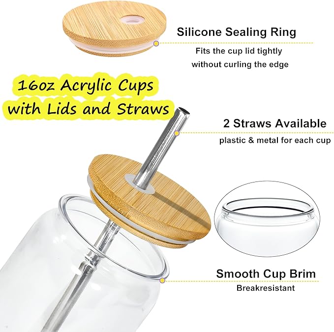 16 oz Clear Plastic Cups Reusable with Bamboo Lids and Straws & DIY Sticker, 20Pack Acrylic Mason Jars Iced Coffee Drinking Glasses Cup for Park Picnic, Poolside, Party Giveaways