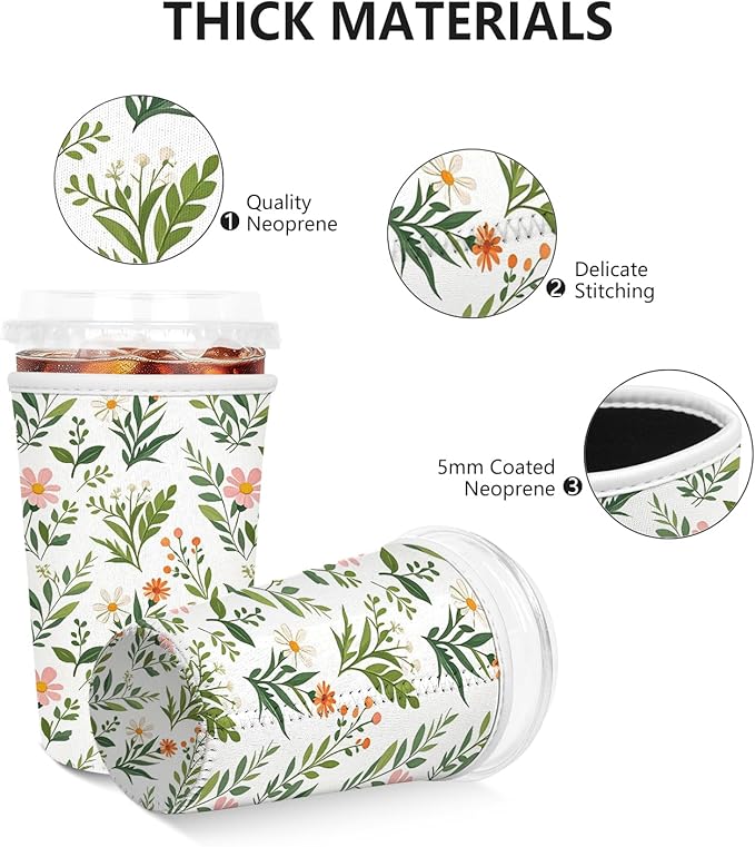 3 Pack Iced Coffee Sleeve, Reusable Insulated Neoprene Cup Sleeve for Cold & Hot Drinks Beverages, Cup Holder for 16-32oz Coffee Cups, White Leaves