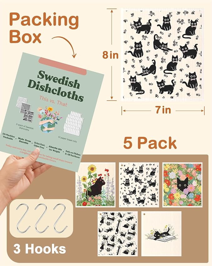 Swedish Dishcloths for Kitchen with Hooks - Reusable Dish Cloths for Washing Dishes Fast Drying Cute Fun 5 Pack Swedish Dish Towels Washable Cleaning Sponge, Black Cats