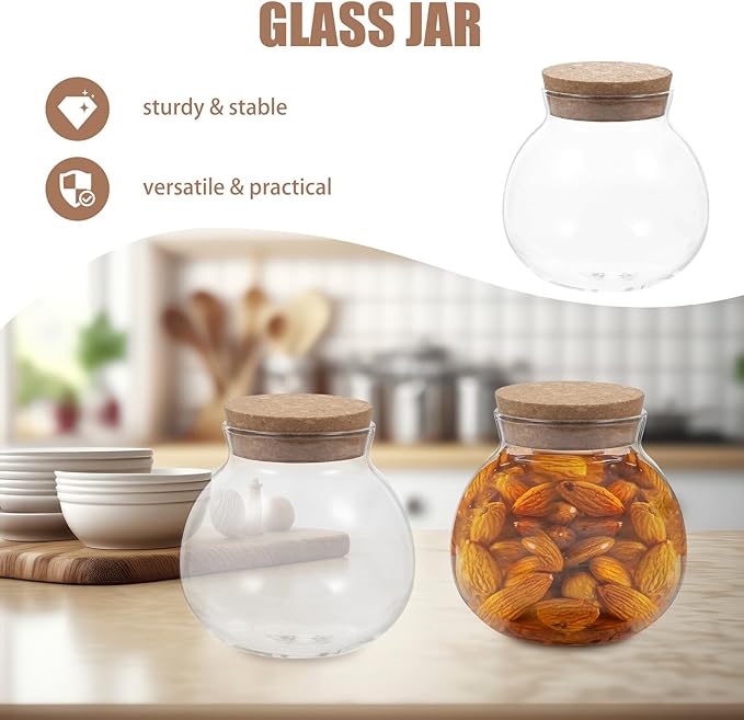 BESPORTBLE 2pcs Airtight Glass Jars with Wooden Cork Lids Spherical Canisters for Food Storage Preserving Freshness of Candy Tea Snacks and Pantry Ingredients