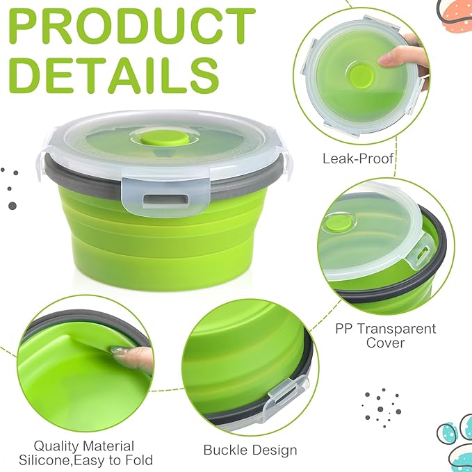 Suclain 4 Pcs Collapsible Bowls with Lids Silicone Camping Food Storage Container Expandable Folding Salad Lunch Box Travel Container for Hiking Camping(Green,12, 17, 27, 41 oz)