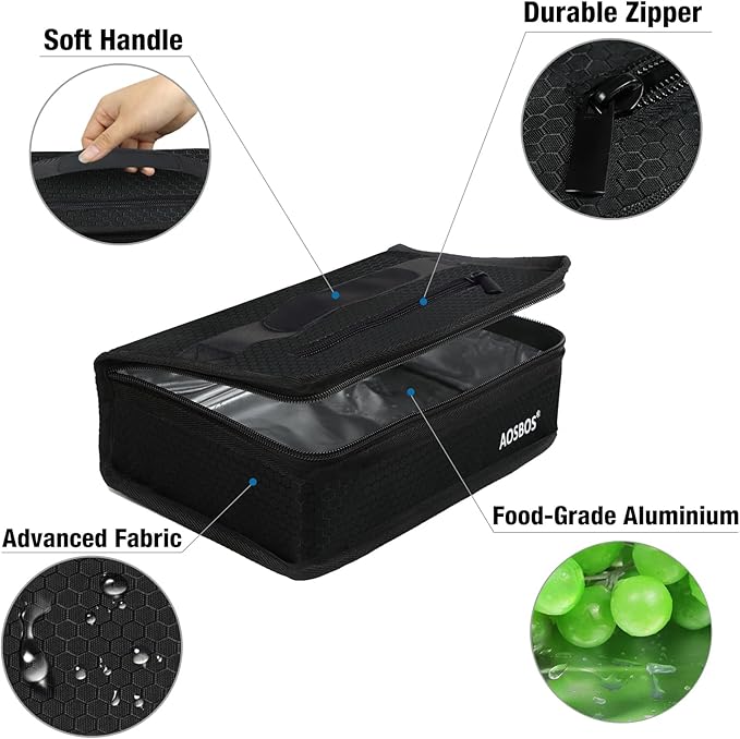 Aosbos Small Insulated Lunch Bag - Compact Lunch Box for Portion Control, Work & Office, Black Honeycomb
