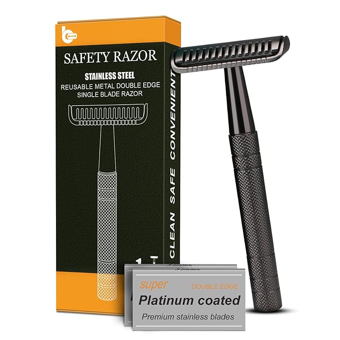 Safety Razors for Men and Women, Single Blade Razor, Reusable Metal Razor, with 10 Double Edge Blades, Stainless Steel Handle, Smooth Close Gentle Shave, Black