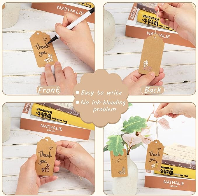 SallyFashion 100 PCS Gift Tags, 2x4 inch Kraft Paper Hollow-Out Tags with Strings for Wedding Bridal Party Favors Baby Shower
