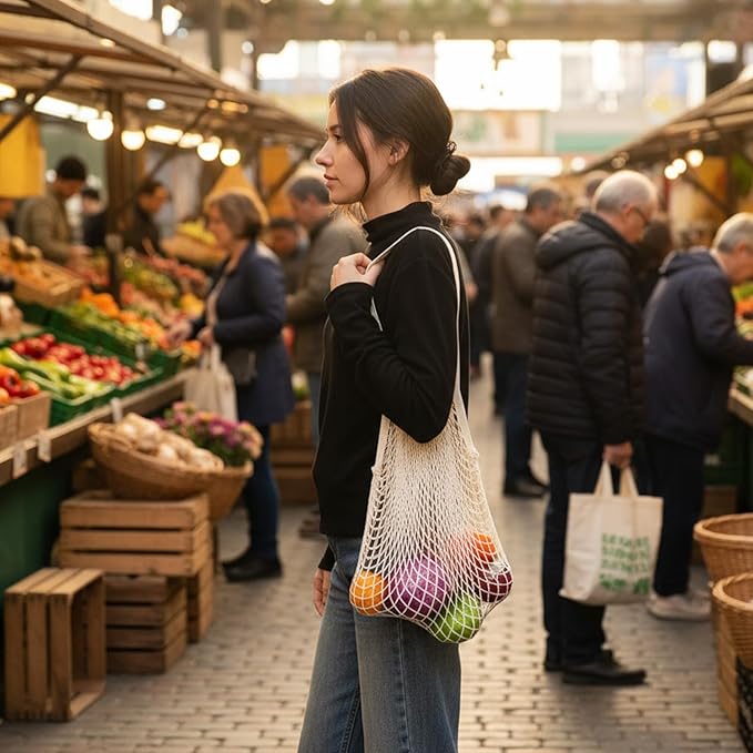 2 Pack Reusable Mesh Grocery Bags, Washable Cotton String Shopping Bag Long Handle Cotton Mesh Produce Bag for Fruit Vegetables Farmers Market