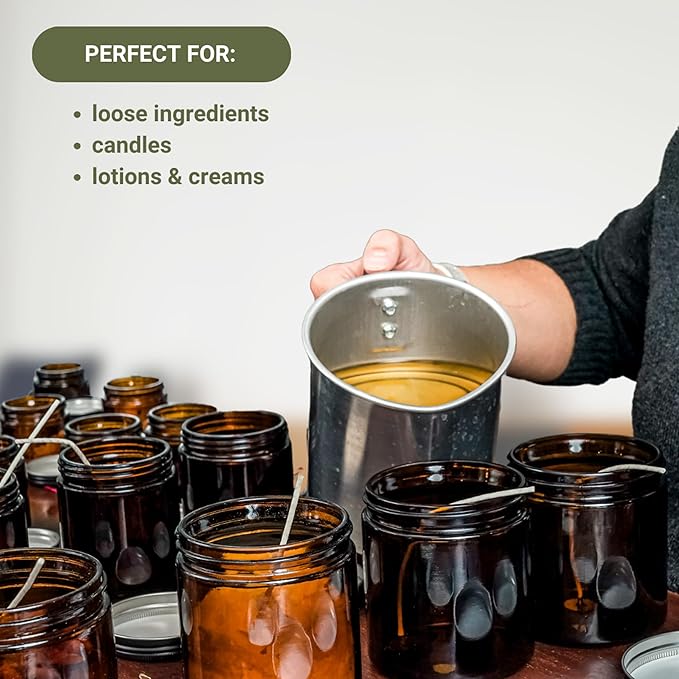 Glass Amber 4oz Jar - 12 Packs, Empty Round Jars For Beauty Products, Lotion, and Powders - Black Lid - Small Candle Jars