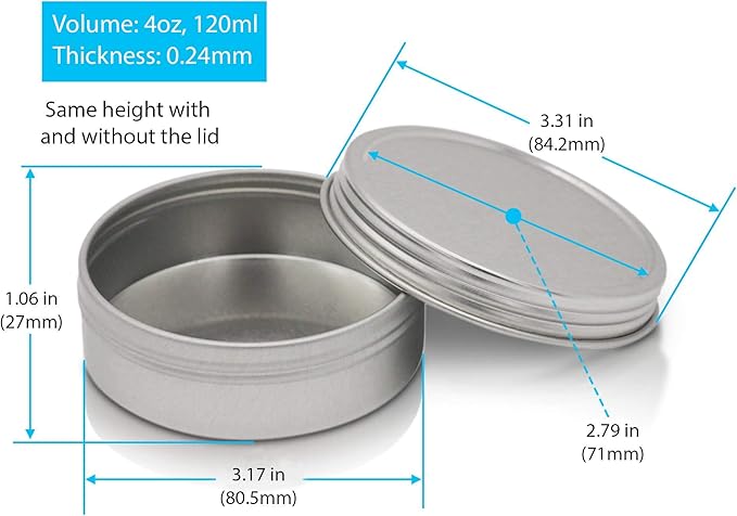 SimbaLux Screw Top Round Steel Tin Cans 4 oz (120 ml) with Self Adhesive White Round Stickers, 24-Pack
