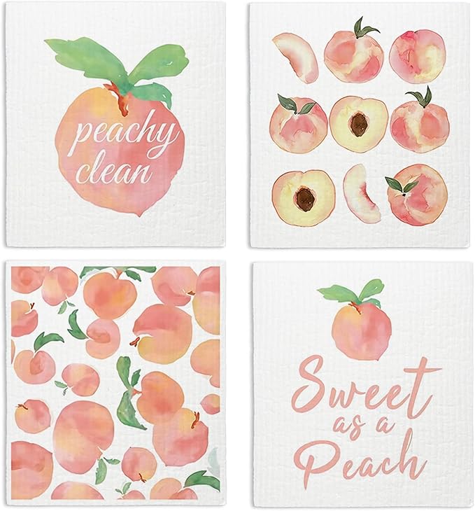 Peach Swedish Dishcloths for Kitchen, Pink Peach Cute Swedish Dish Cloths for Friut, Papaya Reusable Paper Towels, 4 Pack Cleaning Cloth for Kitchen, Reusable Paper Towels Washable