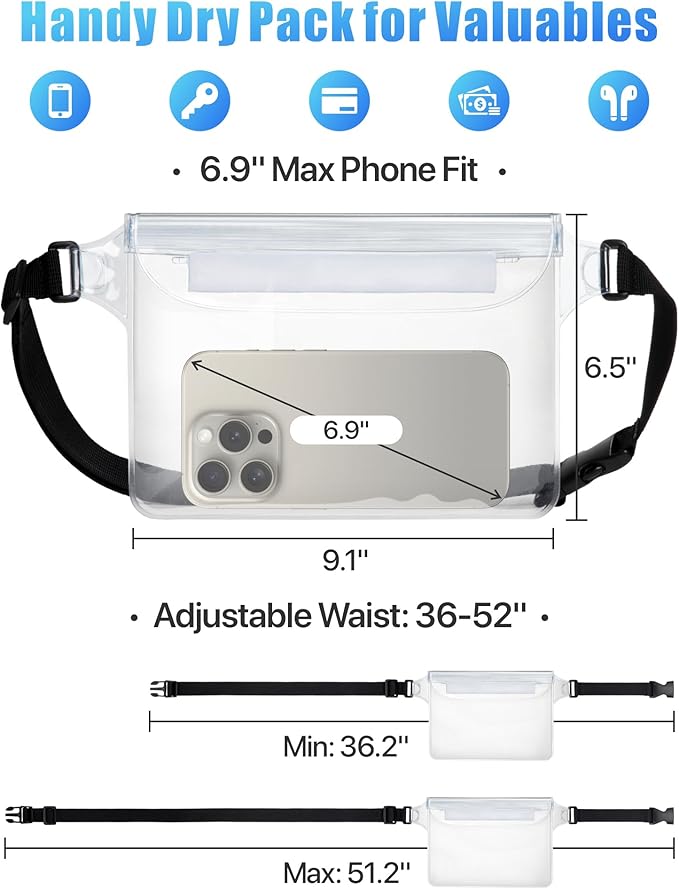 F-color Waterproof Fanny Pack - Cruise Essentials 2025 - Waterproof Pouch, Triple Zipper Roll-Top Dry Bag for Phone with Adjustable Waist Strap, Keep Passport Valuables Dry for Beach Kayaking Boating