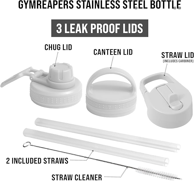 Gymreapers Insulated Water Bottle - Stainless Steel 32 Oz, 3 lids (Straw, Chug, Canteen), Double Walled Vacuum Insulation, Thermo Mug Cold Hot - Durable Powder Coated Finish