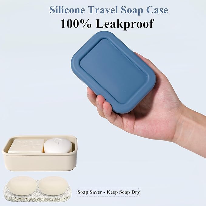 MtBoi 2PC Portable Leakproof Travel Soap Case, Silicone Travel Soap Case, Compact Soap Holder with Drainage Layer, Travel Soap Holder for Camping, Gym, Outdoor White&DarkBlue