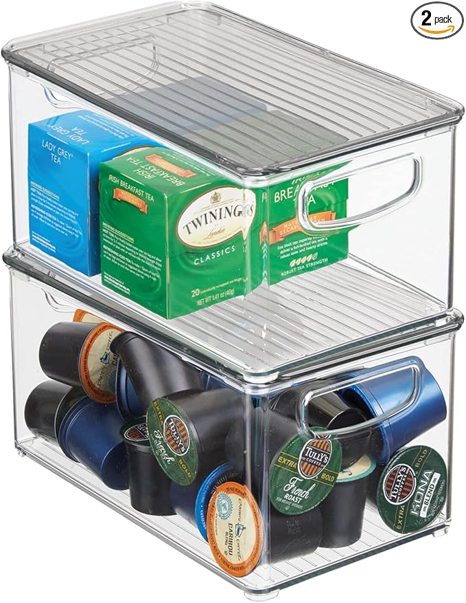 mDesign Plastic Deep Storage Bin Box Container with Lid and Built-In Handles - Organization for Fruit, Snacks, or Food in Kitchen Pantry, Cabinet, Cupboard, Ligne Collection, 2 Pack, Clear/Smoke Gray