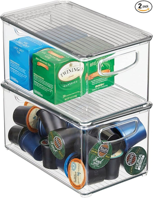 mDesign Plastic Deep Storage Bin Box Container with Lid and Built-In Handles - Organization for Fruit, Snacks, or Food in Kitchen Pantry, Cabinet, Cupboard, Ligne Collection, 2 Pack, Clear/Smoke Gray