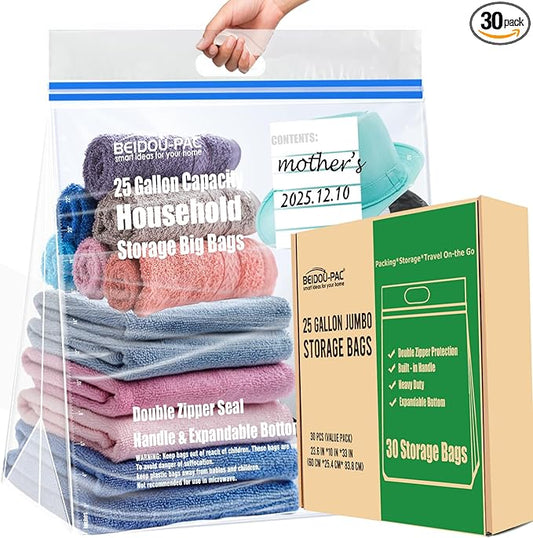 25 Gallon Jumbo Storage Bags with Handle, 30 Counts | Double Zipper Seal | Expandable Bottom, Resealable Clear zip Bags for Home Travel, Moving, Commercial and Outdoor