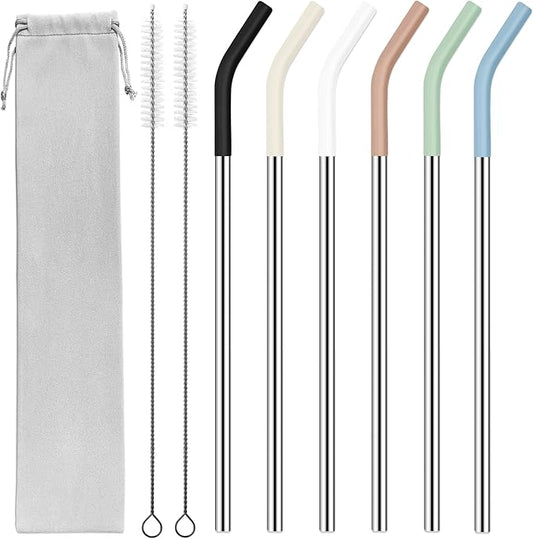 30 oz Stainless Metal Straws for 30 oz Stanley Tumbler, 6Pcs Reusable Straight Long Steel Straws with 12 Silicone Tips and 2 Straw Cleaning Brushes (6Color1, 30oz)