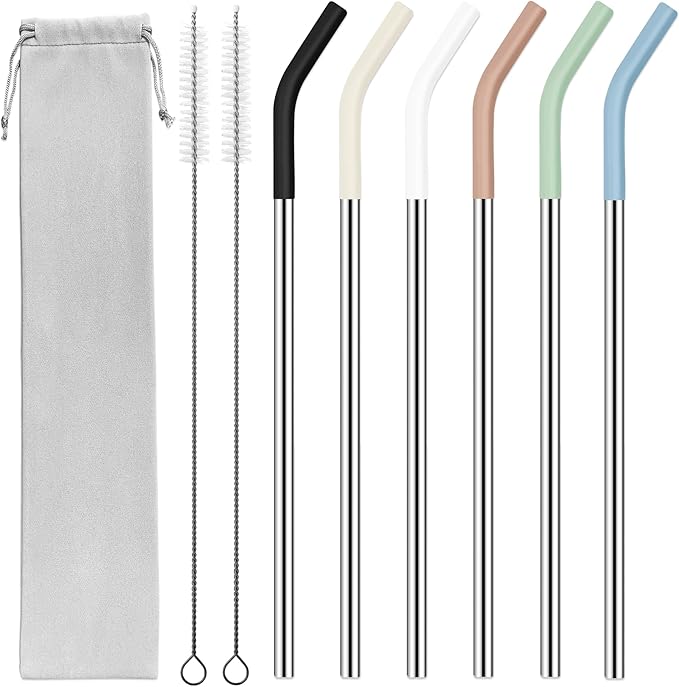 20 oz Stainless Metal Straws for 20 oz Stanley Tumbler, 6Pcs Reusable Straight Long Steel Straws with 12 Silicone Tips and 2 Straw Cleaning Brushes (6Color1, 20oz)