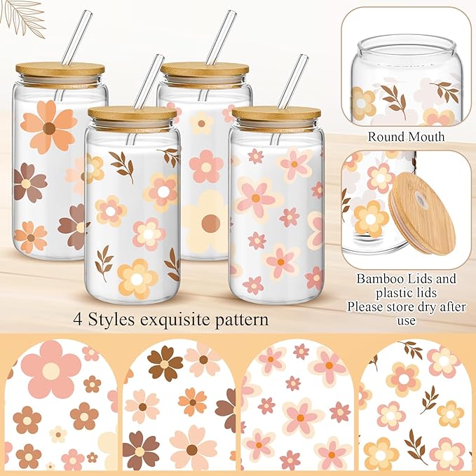 Mumufy Gift for Women Cute Glass Cup Tumbler Flower Iced Coffee Mugs 16 oz Glass with Bamboo Lid & Straw, Mothers Day Birthday Gift for Mom Sister Bridesmaid Baby Shower(4 Pack,Cute Boho)