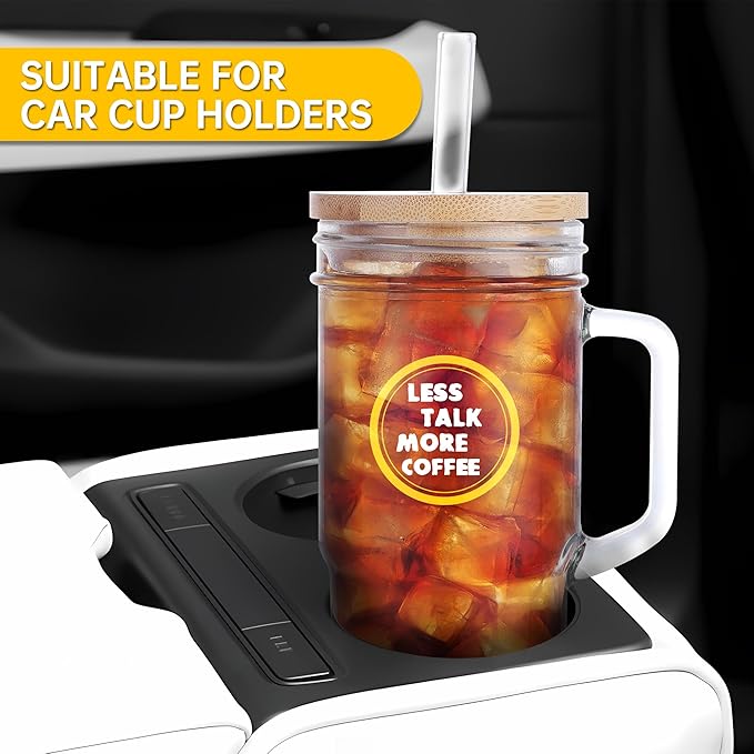 2 Pcs Glass Cups with Lids and Straws, 20oz/600ml Ice Glass Coffee Cups with Lids, Reusable Wide Mouth Tumbler with Handle & Leakproof Metal Lid & Eco Bamboo Lid & Cleaning Kit