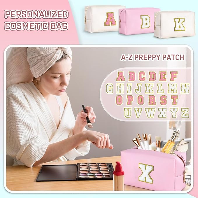 TOPEAST Preppy Makeup Bag, Small Cosmetic Travel Bags for Women, PU Leather Waterproof Toiletry Bag with Zipper, Personalized Birthday Gift for Women Girl, Preppy Gifts for Girl (Pink Y)