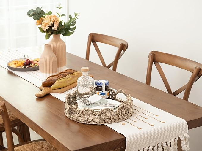 StorageWorks Round Wicker Scalloped Tray, Rattan Serving Trays with Handles, Seagrass Basket for Decorative & Organizing, 13" L x 13" W x 2.75" H