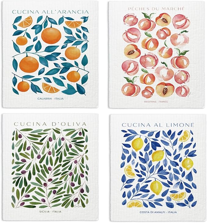 Swedish Dishcloths for Kitchen, Papaya Reusable Paper Towels Washable, Cucina Doliva Oranges Peach Lemon Swedish DishCloths for Friut, 4 Pack Dish Towels for Kitchen