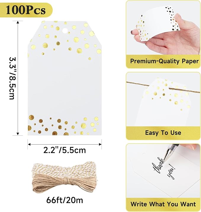 Anwyll Gift Tags with String - 100Pcs Gold Foil Metallic Confetti Polka Dot Gift Bag Tags Personalized White Blank Hang Paper Label Tag for Birthday Party Bridal Shower Wedding Christmas Favor Present