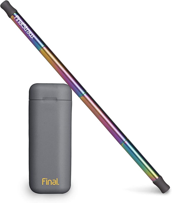 FinalStraw Collapsible, Reusable, Metal Straw | Travel Case, Cleaning Tool | Easy to Clean | Stainless Steel and 100% Silicon Tips | Eco-Friendly | Shark-butt Grey Case, Rainbow Stainless Steel
