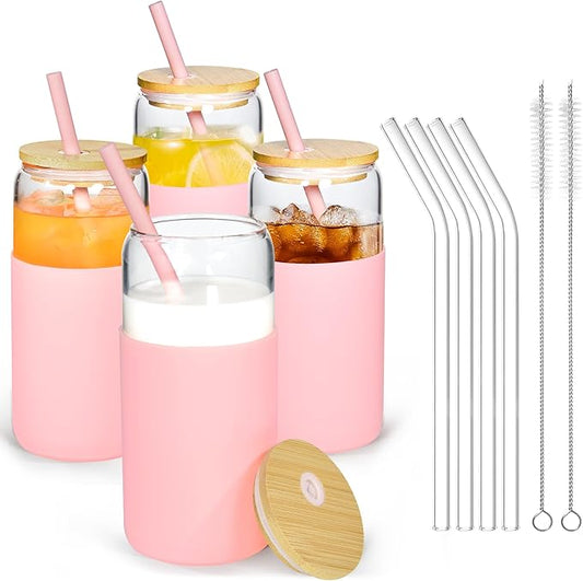4 Pcs 20oz Glass Tumbler with Straw and Lid Iced Coffee Glasses with Silicone Protective Sleeve Drinking Glasses Set of 4 for Juice Beer Milk(Pink*4)