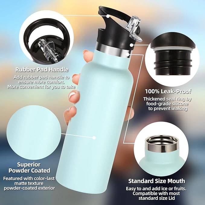 Volhoply 17oz Insulated Water Bottle Bulk 2 Pack,Stainless Steel Kids Water Bottles with Straw Lid,Double Wall Vacuum Metal Water Bottle,Reusable Sports School Flask Keep Hot & Cold (Fog,2 Set)