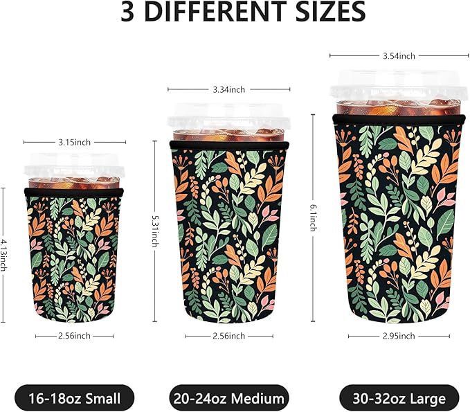 Iced Coffee Sleeve, Reusable Insulated Neoprene Cup Sleeve for Cold & Hot Drinks Beverages, Cup Holder for 32oz Coffee Cups, Colorful Leaves