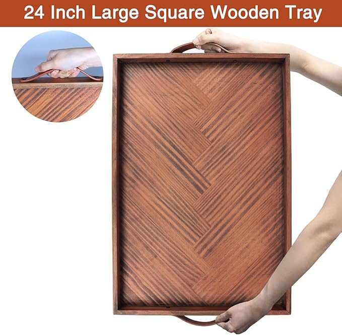 Large Ottoman Wooden Trays, Wood Serving Tray with Handles, Large Ottoman Tray, Wooden Serving Trays for Coffee Tables, Living Rooms and Kitchens, 24 x 16 inch