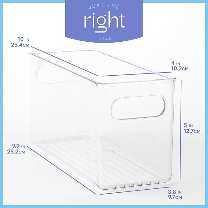 primebox Plastic Food Storage 6 Pack Clear Container Bin with Handles for Organizing Kitchen, Pantry, Refrigerator, Freezer, Pantry, Cabinet, Closet, Bathroom. 10”x4”x5”