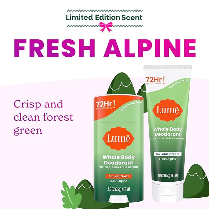 Lume Whole Body Deodorant - Invisible Cream Tube and Solid Stick - 72 Hour Odor Control - Aluminum Free, Baking Soda Free, Skin Loving - 3.0 Ounce Tube and 2.6 Ounce Solid Stick Bundle (Fresh Alpine)