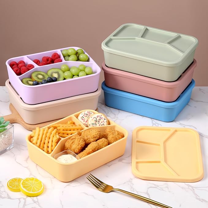 Honeydak 6 Pcs Silicone Bento Box Reusable Lunch Container 4 Compartment Snack Boxes with Lid Smooth LeakProof Rectangle Food Boxes for Adult Work Travel Food Storage (Bright Color)