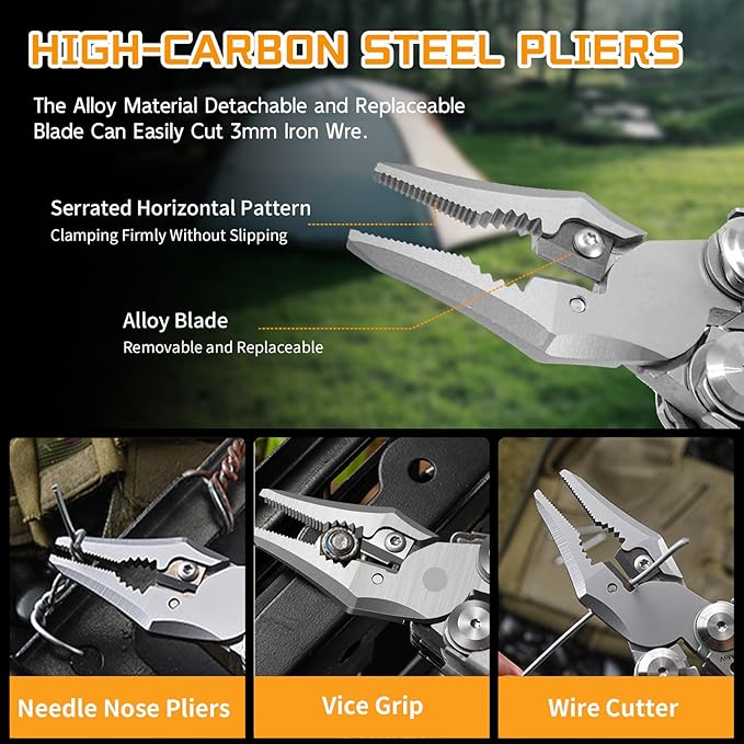 23-in-1 Multitool Pliers with Scissors,Window Breaker, Rope Cutters,Flint, Saw, Screwdrivers,High-carbon Steel Multi Tool with Carrying Pouch Ideal for Camping Survival and Gift for Dad Him Men