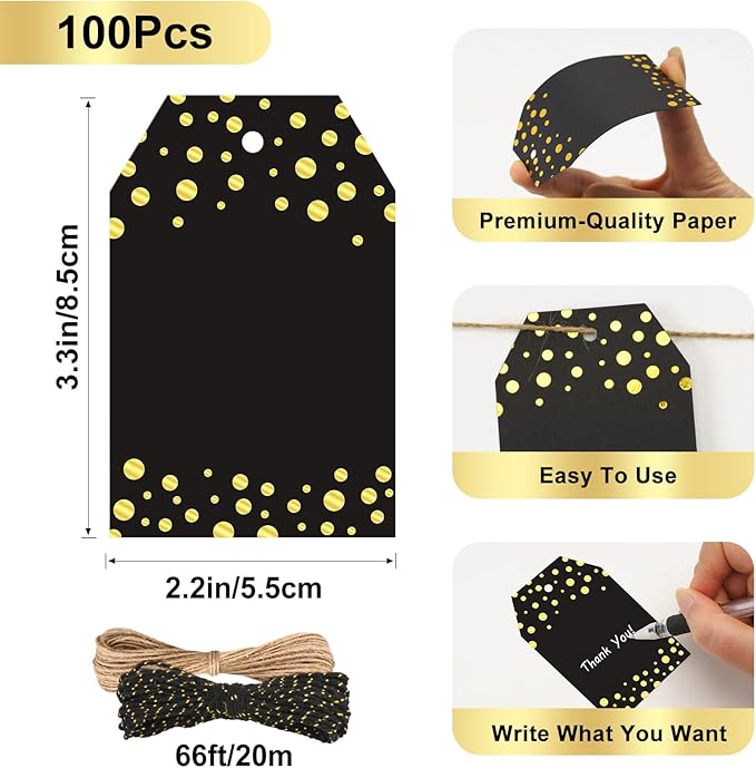 Anwyll Gift Tags with String - 100Pcs Gold Foil Metallic Confetti Polka Dot Gift Bag Tags Personalized Black Blank Hang Paper Label Tag for Birthday Party Bridal Shower Wedding Christmas Favor Present