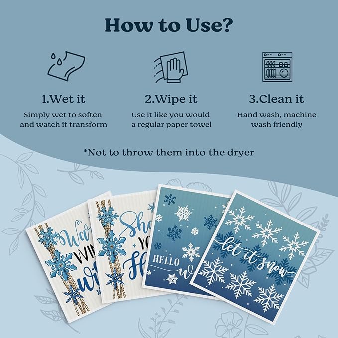 Christmas Swedish Dishcloths for Kitchen, Winter Xmas Snowflake Blue Kitchen Dish Towels for Washing Dishes, 4 Pack Reusable Paper Towels, Sponge Cloths for Home Party Housewarming Cleaning