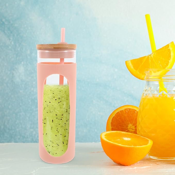 Glass Tumbler with Lid and Straw Reusable Borosilicate Glass Cup with Silicone Sleeve Iced Coffee for Home and Travel Beverage Cup