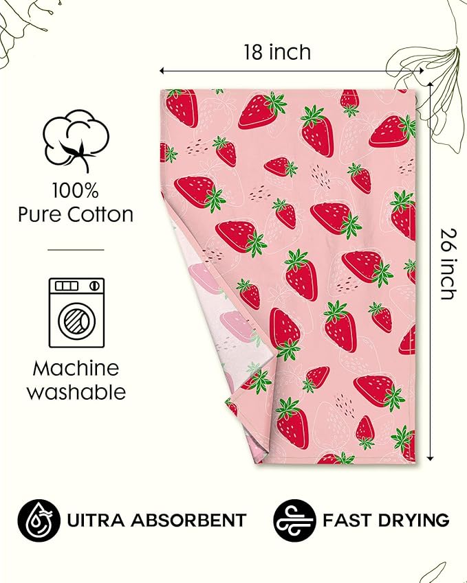 Flour Sack Kitchen Towels Set of 2-18x26 Cotton Dish Towels with Hanging Loop Reusable Tea Towel for Cleaning Spring Absorbent Dishcloths Cute Home Decor Housewarming, Line Strawberry