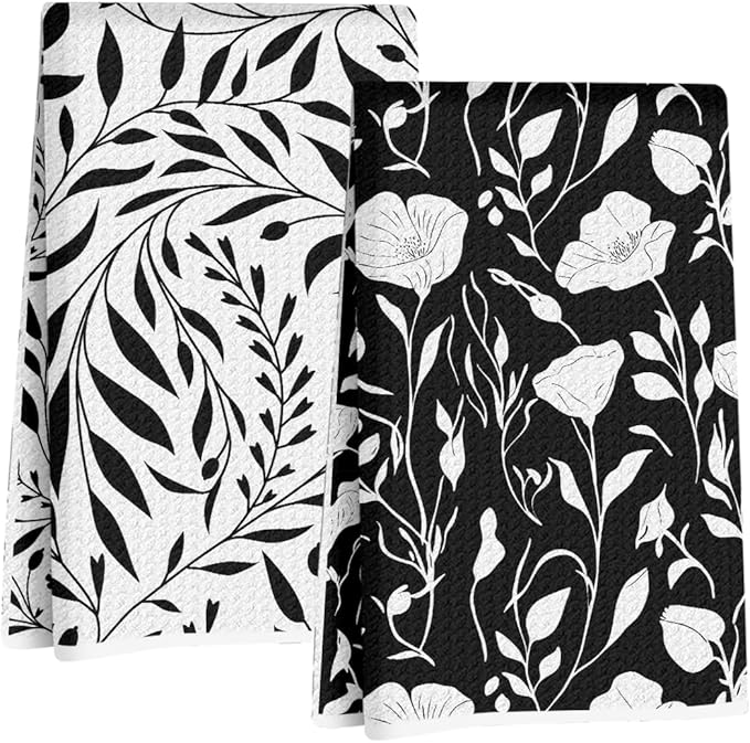 Jztco 2Pcs Black White Flower Kitchen Towels 24x14 Inch, Floral Seamless Pattern Waffle Hand Towels for Kitchen Bathroom Decor, Absorbent Microfiber Dish Cloth Tea Towel, Housewarming Gifts for Women