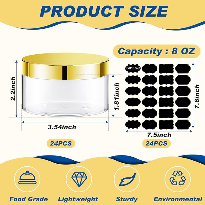 Dandat 24 Pcs 8 oz Plastic Jar Container with Lid and Label Refillable Empty Round Clear with Colourful PET Cosmetic Sample Containers for Lotion, Cream, Ointments, Body Butter, Makeup, Travel Storage