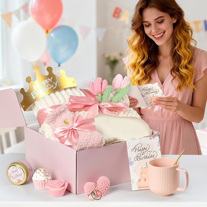 Birthday Gifts for Women - 13PCS Unique Happy Birthday Gifts Basket for Mom Her Best Friend Sister Wife Girlfriend Coworker - Relaxing Spa Self Care Package Get Well Soon Gifts Set (Rose)