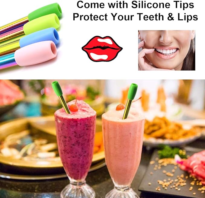 Metal Boba Straws Reusable Smoothies Straws 10" Stainless Steel Straw Angled Tips 0.5" 1/2 In Wide Straw for Jumbo Bubble Tea Milkshakes Milk Tea Tapioca Pearl With Silicone Tips Carry Bag Brush 2 Pcs