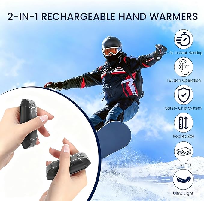 Hand Warmers Rechargeable 2-Pack, 3-Second Fast Heating & UL Certified for Safety, Portable Pocket Warmers for Outdoor Activities (Hunting, Golf, Camping), Stocking Stuffers, Gifts for Christmas