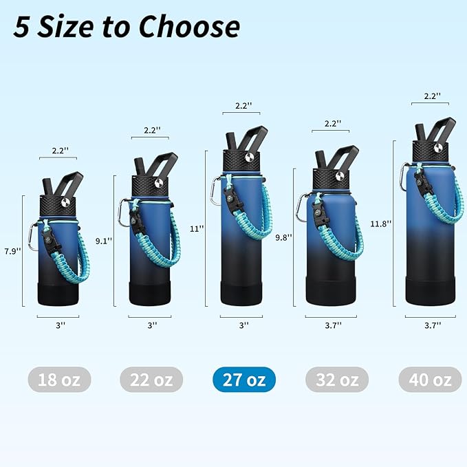 BJPKPK 27oz Insulated Water Bottles with 3 Lids, Paracord Handle & Non-slip Boot,Stainless Steel Water Bottle with Straw, BPA Free Leak Proof Thermal Flasks,Tumblers,Blue Black